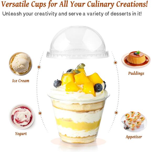 50 Sets 9 oz Clear Dessert Cups with Dome Lids No Hole for Parfait Fruit Cake - Picture 4 of 7
